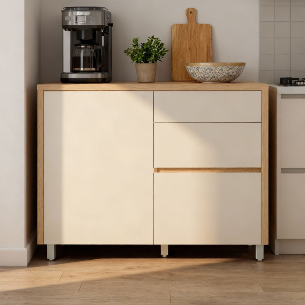 Balcão de Cozinha 1 Porta 3 Gavetas Melissa Carvalho/Greige Nesher